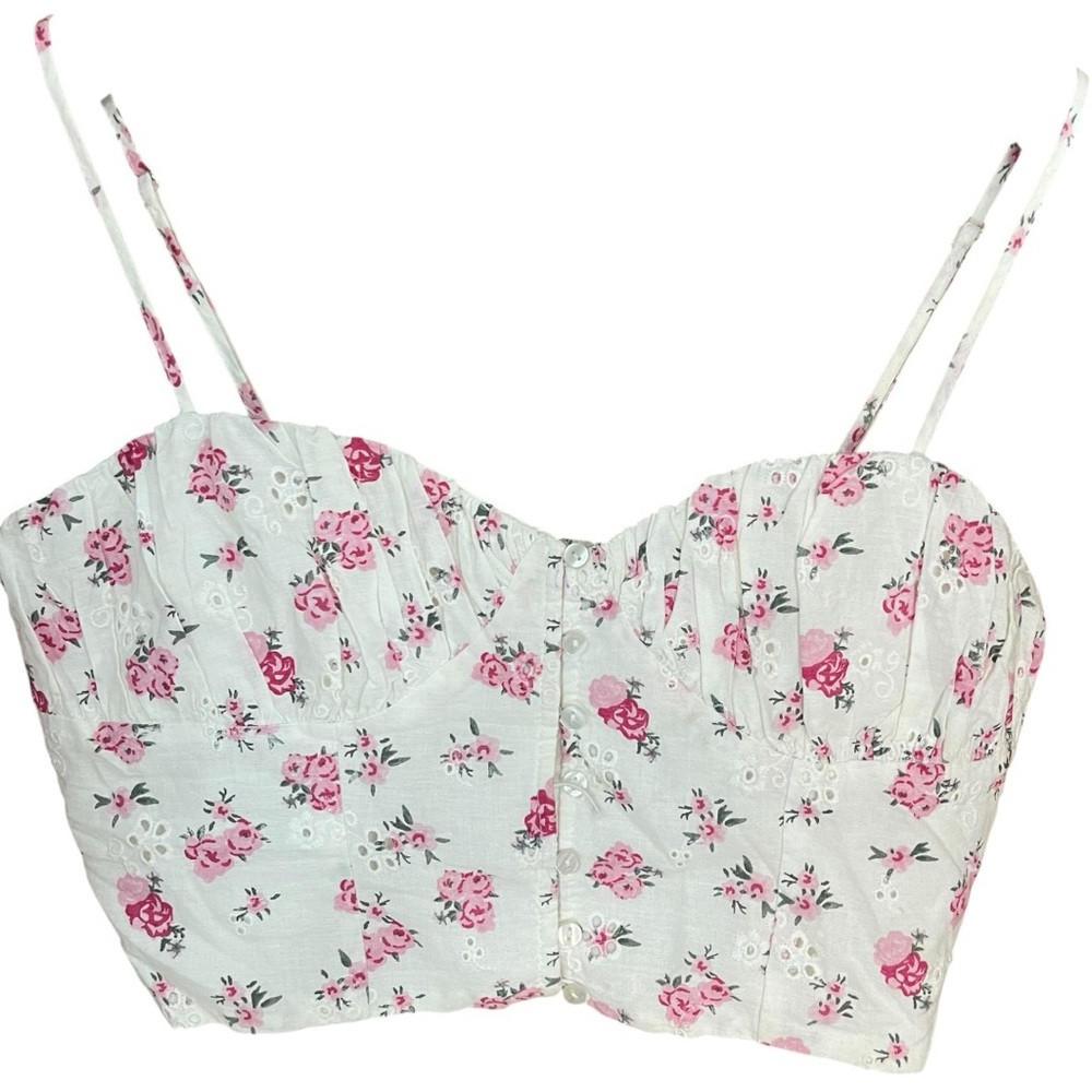 Zara Floral Print Cropped Camisole Top White Pink
